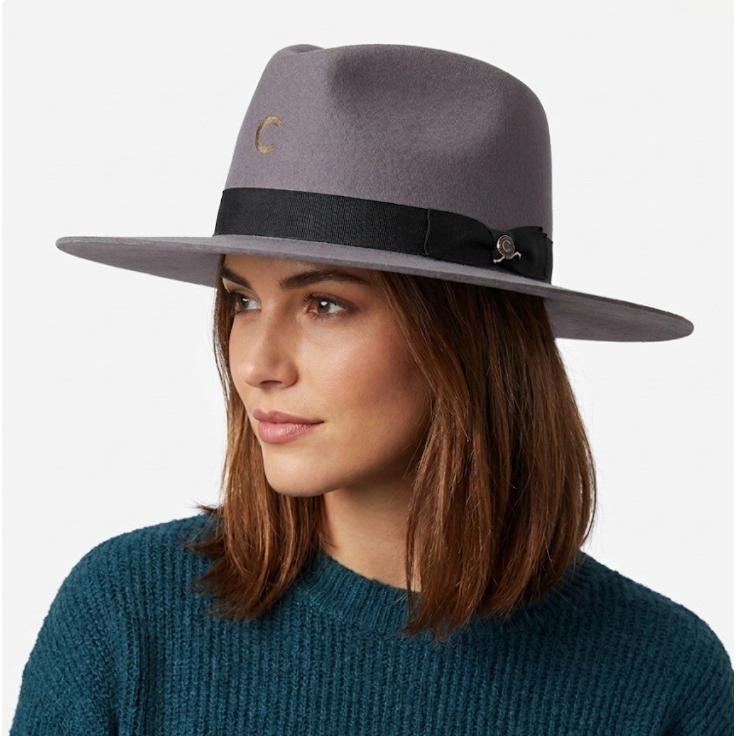 Charlie One Horse Grey Felt Fedora Wide Brim Hat With Grosgrain Band - Size M